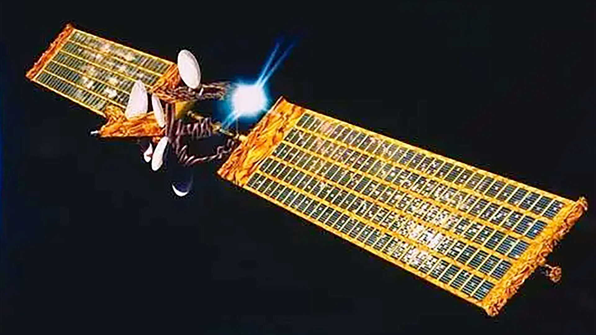 a rendering of a satellite with long golden solar arrays