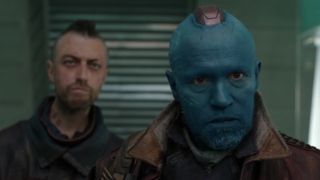 Yondu and Kraglin glaring at the Broker in Guardians of the Galaxy