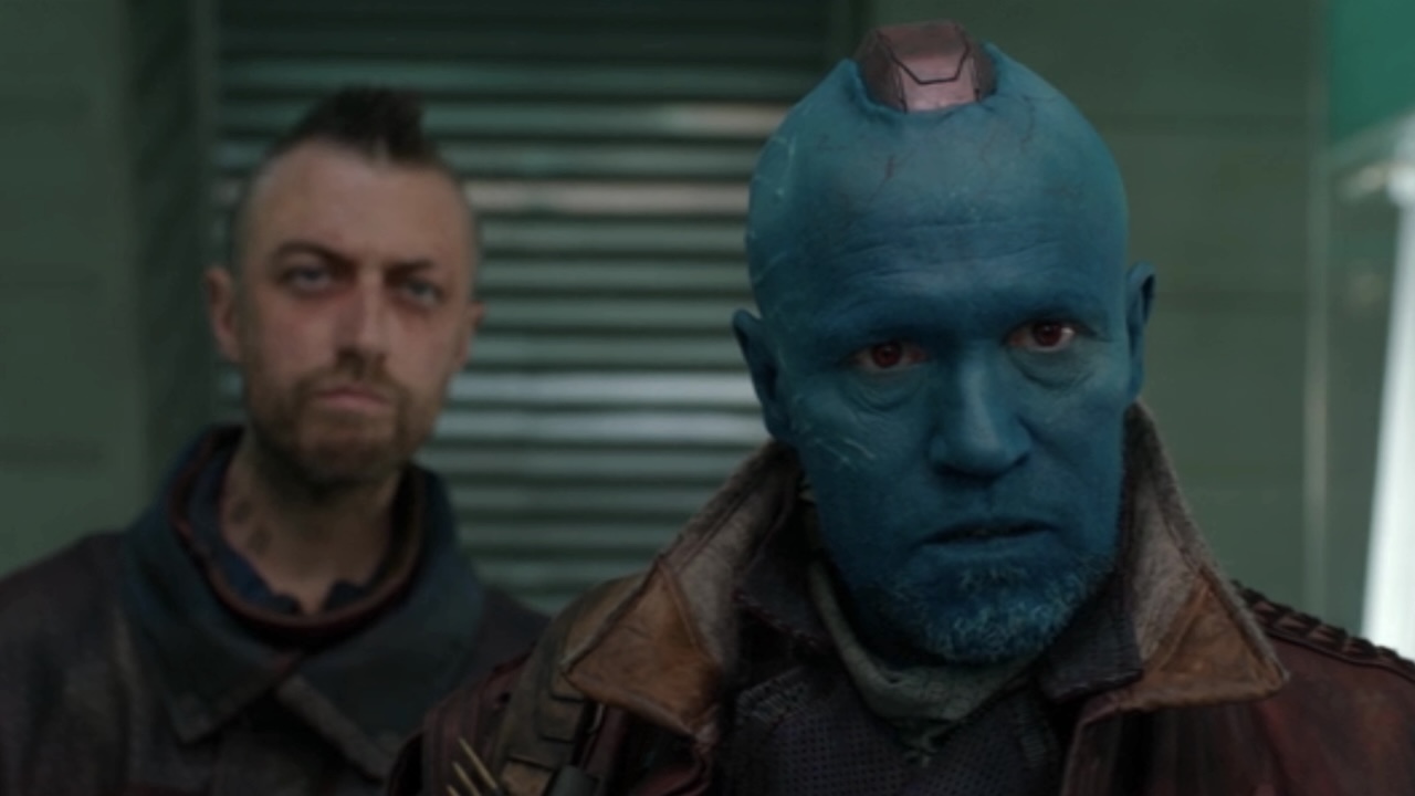 Yondu and Kraglin glaring at the Broker in Guardians of the Galaxy