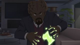 Angstrom Levy holds a contained holding some glowing liquid in it in a dark room in Invincible season 2 part 2