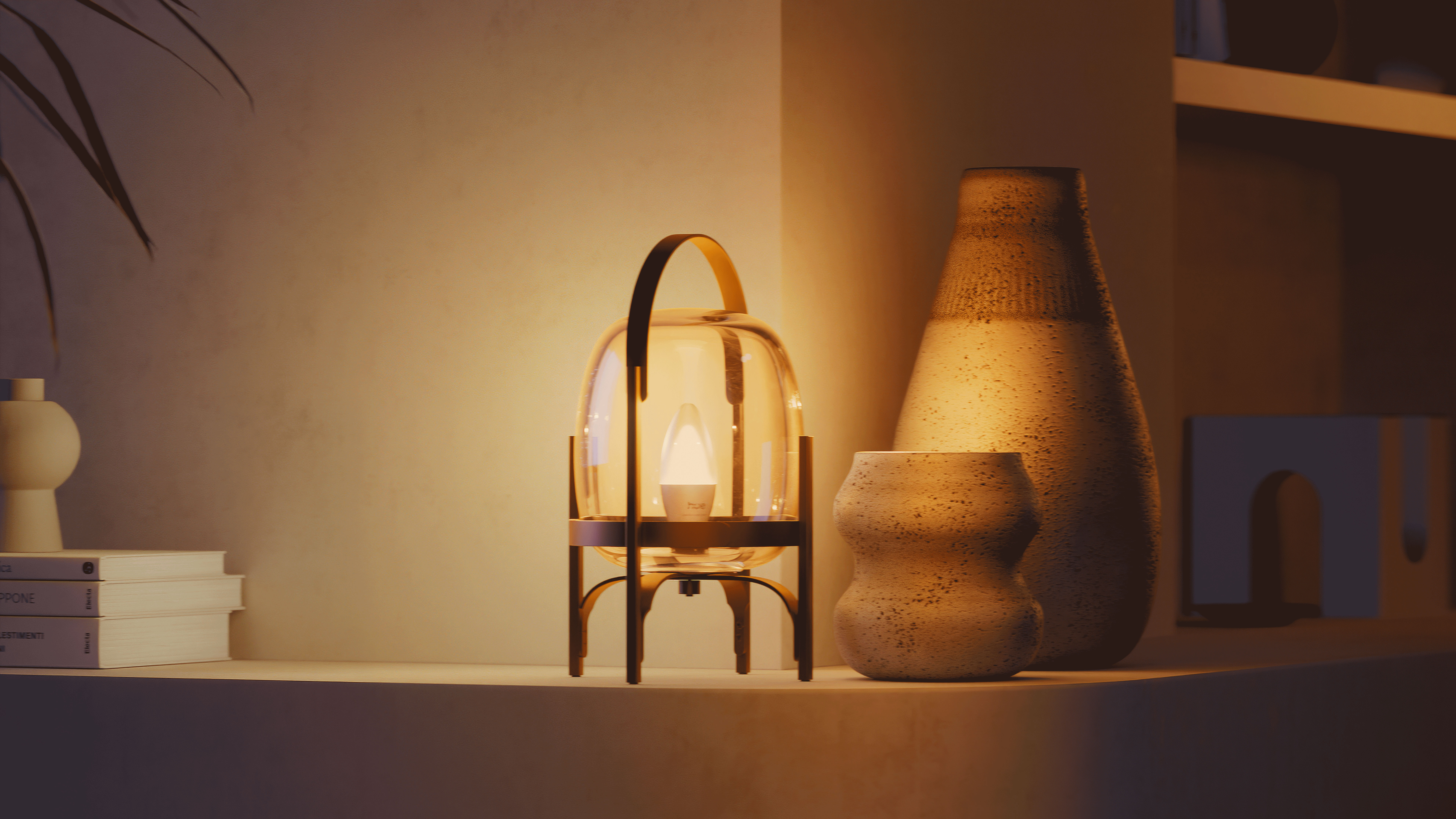 A warm white Hue candle bulb in a small table lamp on a sideboard at night