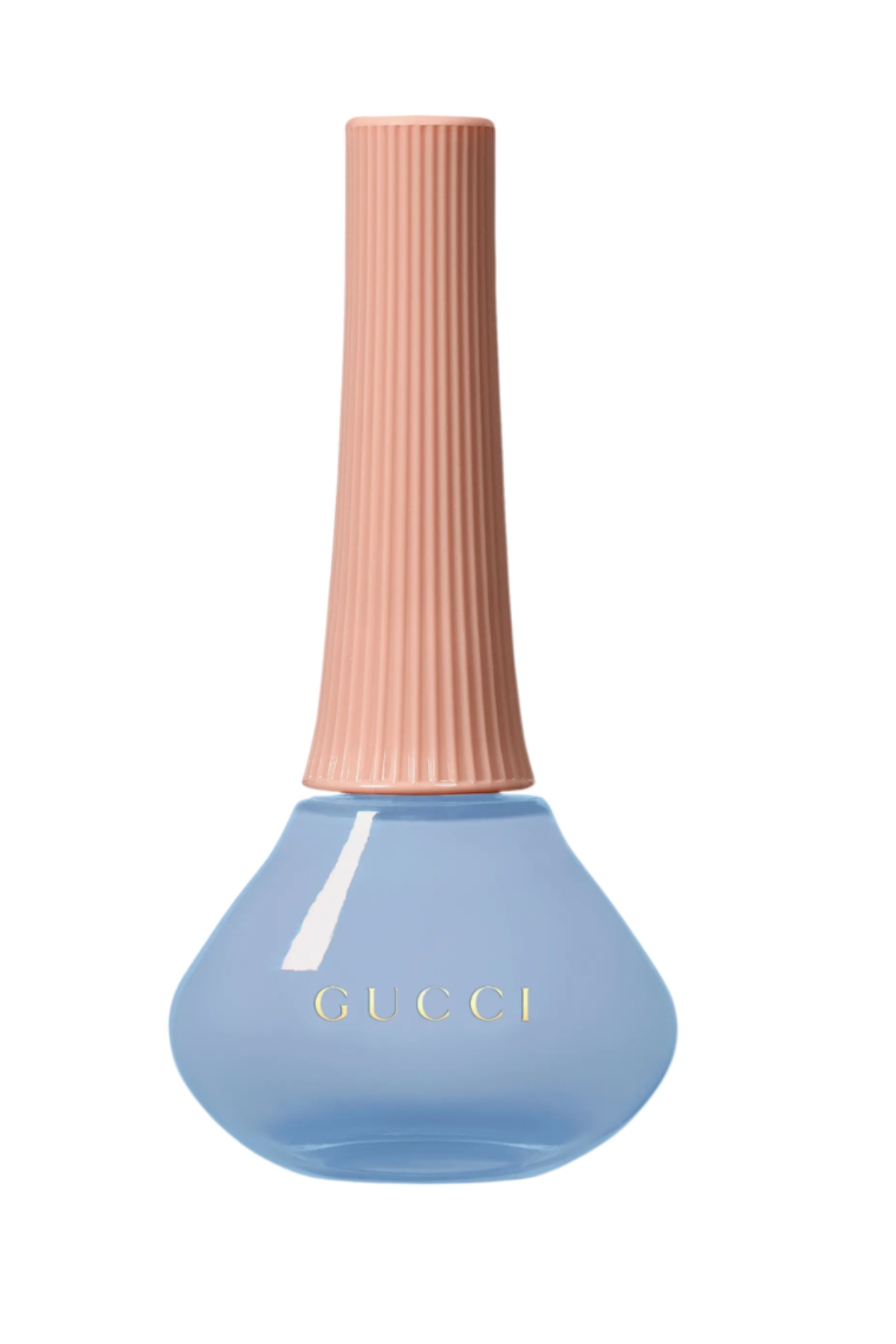 a bottle of blue gucci beauty nail polish with a tan top on a white background