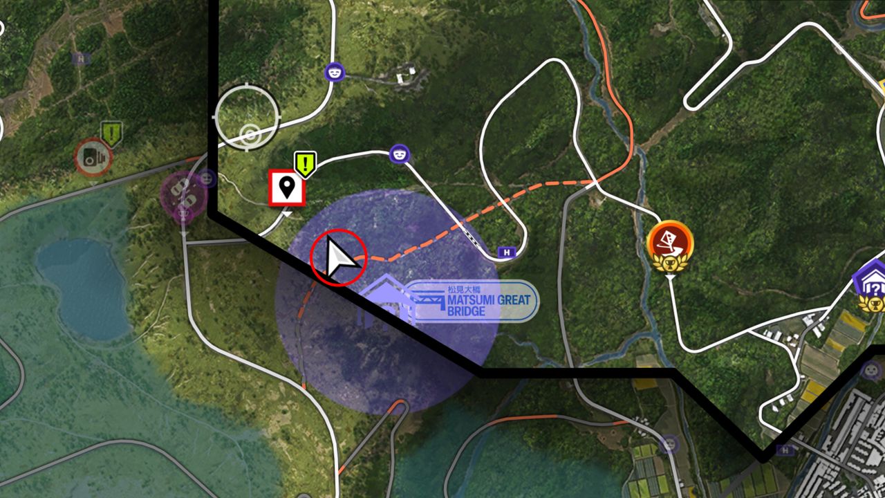 Forza Horizon 6 Barn Finds: A zoomed-in map with a red circle showing the location of the Barn Find vehicle within the purple search area.
