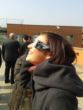 Visitors watched the solar eclipse of March 20, 2015 with safety glasses at the European Space Agency's ESRIN Earth Observation Center in Frasacati, Italy near Rome.