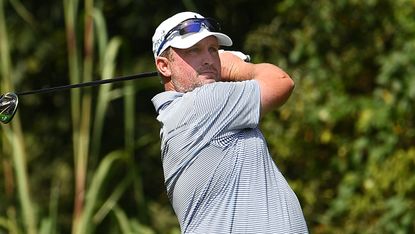 Steve Wheatcroft takes a tee shot during the 2019 Korn Ferry Tour Championship