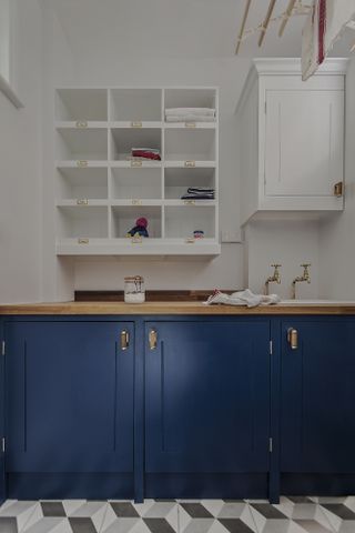 how to organize a laundry room with blue cabinets and labeled storage by British Standard