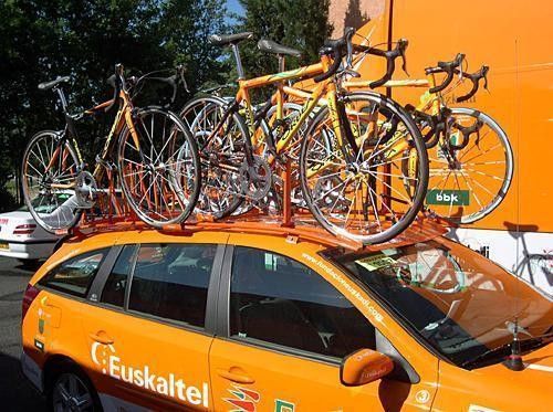 The Euskaltel-Euskadi team car with Mayo's Orbea Orca team bike on the race-ready roof rack.
