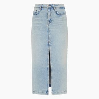 cut out image of a denim midi skirt from 7 for all mankind