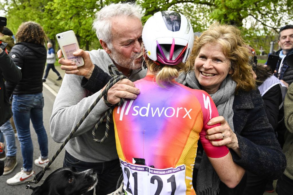 SD Worxs Dutch rider Demi Vollering C celebrates with her parents after winning the women elite race of the LiegeBastogneLiege one day cycling event 1421km from Liege over Bastogne to Liege on April 23 2023 Photo by Tom Goyvaerts Belga AFP Belgium OUT Photo by TOM GOYVAERTSBelgaAFP via Getty Images