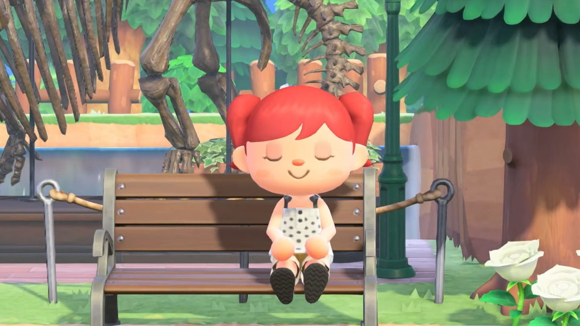 A screenshot of a villager with their eyes closed sitting on a bench during the trailer for the Animal Crossing: New Horizons Switch 2 Edition reveal.