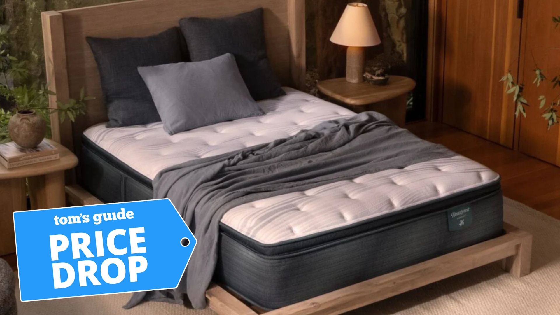 Beautyrest Harmony mattress on wooden bedroom in bedroom with plants, bedsides tables and lamp and wooden cupboards. Grey pillows and blanket on bed.