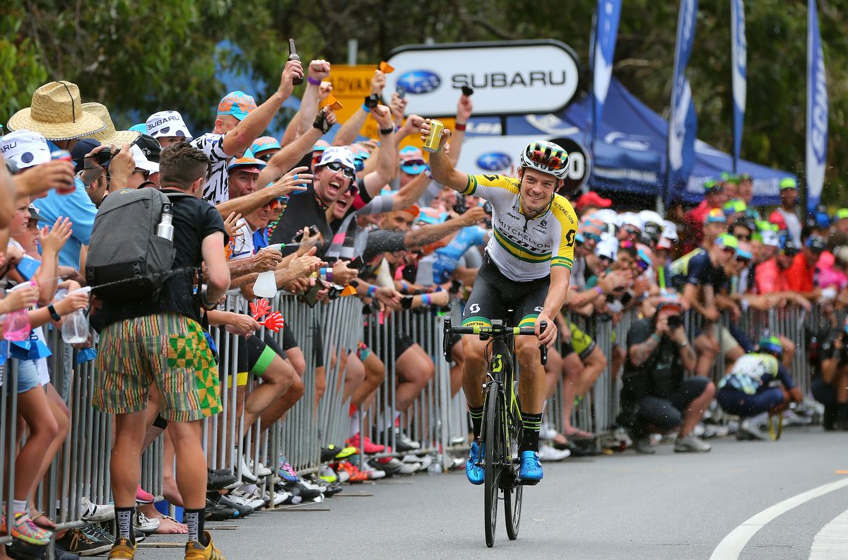 Alex Edmondson takes a beer for the final climb up Willunga