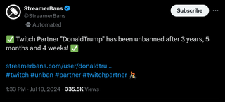 Twitch Partner "DonaldTrump" has been unbanned after 3 years, 5 months and 4 weeks