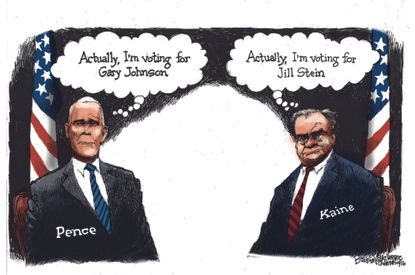 Political cartoon U.S. 2016 election VP debate Tim Kaine Mike Pence third party voters
