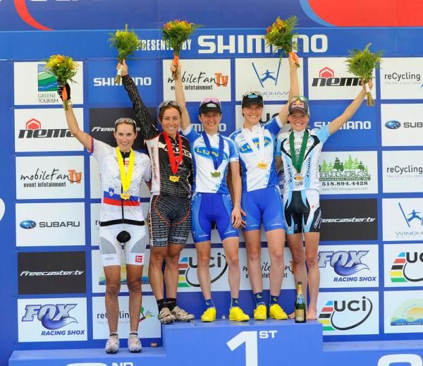 The elite women's podium: Blaza Klemencic, Marie-Helene Premont, Catharine Pendrel, Georgia Gould, Elisabeth Osl.