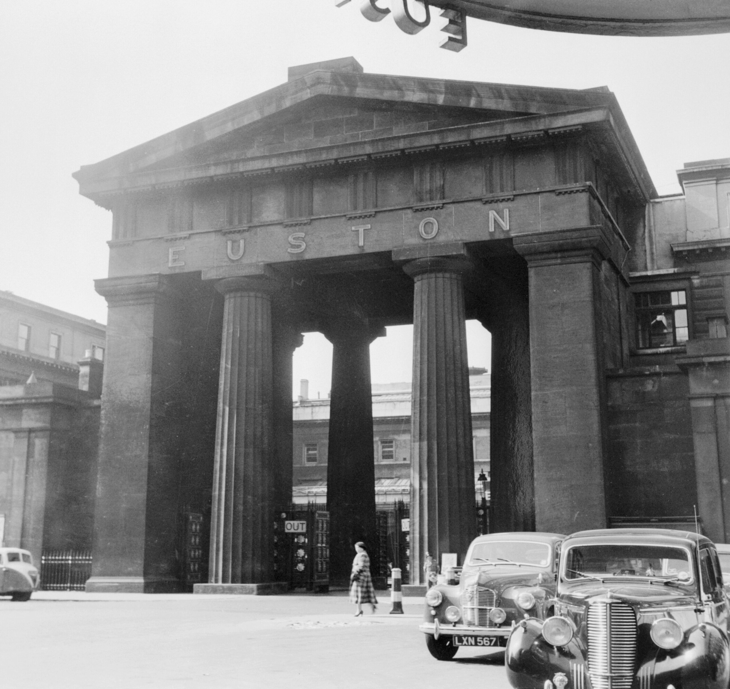 The arch outside the main entrance to Euston Station in central London, pictured in 1952. The arch was the largest Greek propylaeum ever built. Credit: Museum of London/Heritage Images/Getty Images