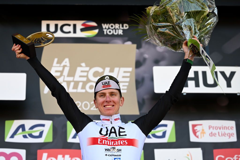 HUY BELGIUM APRIL 19 Tadej Pogaar of Slovenia and UAE Team Emirates celebrates at podium as race winner during the 87th La Fleche Wallonne 2023 Mens Elite a 1943km one day race from Herve to Mur de Huy UCIWT on April 19 2023 in Huy Belgium Photo by David StockmanGetty Images