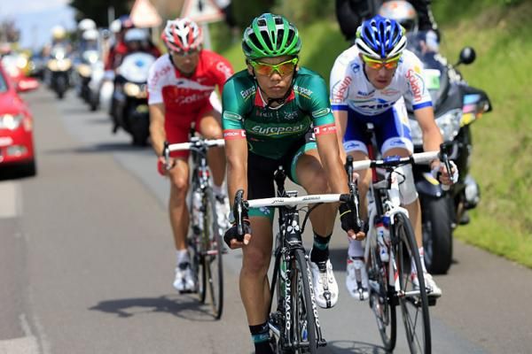 For most of stage 4 these riders were off the front: David Moncoutie (Cofidis), Yukiya Arashiro (Europcar) and Anthony Delaplace (Saur-Sojasun)