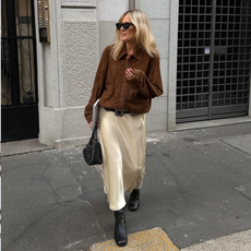 @lucywilliams02 wears suede jacket silk skirt