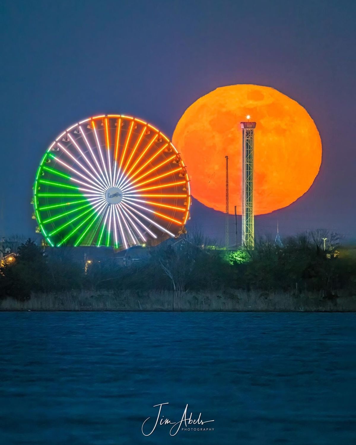 This photo, taken by astrophotographer Jim Abels shows the 2020 Flower Moon lined up with the Casino Pier's Ferris Wheel in Seaside, NJ.