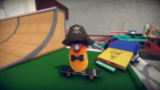 a bird with a pirate hat and a bow tie on a skateboard
