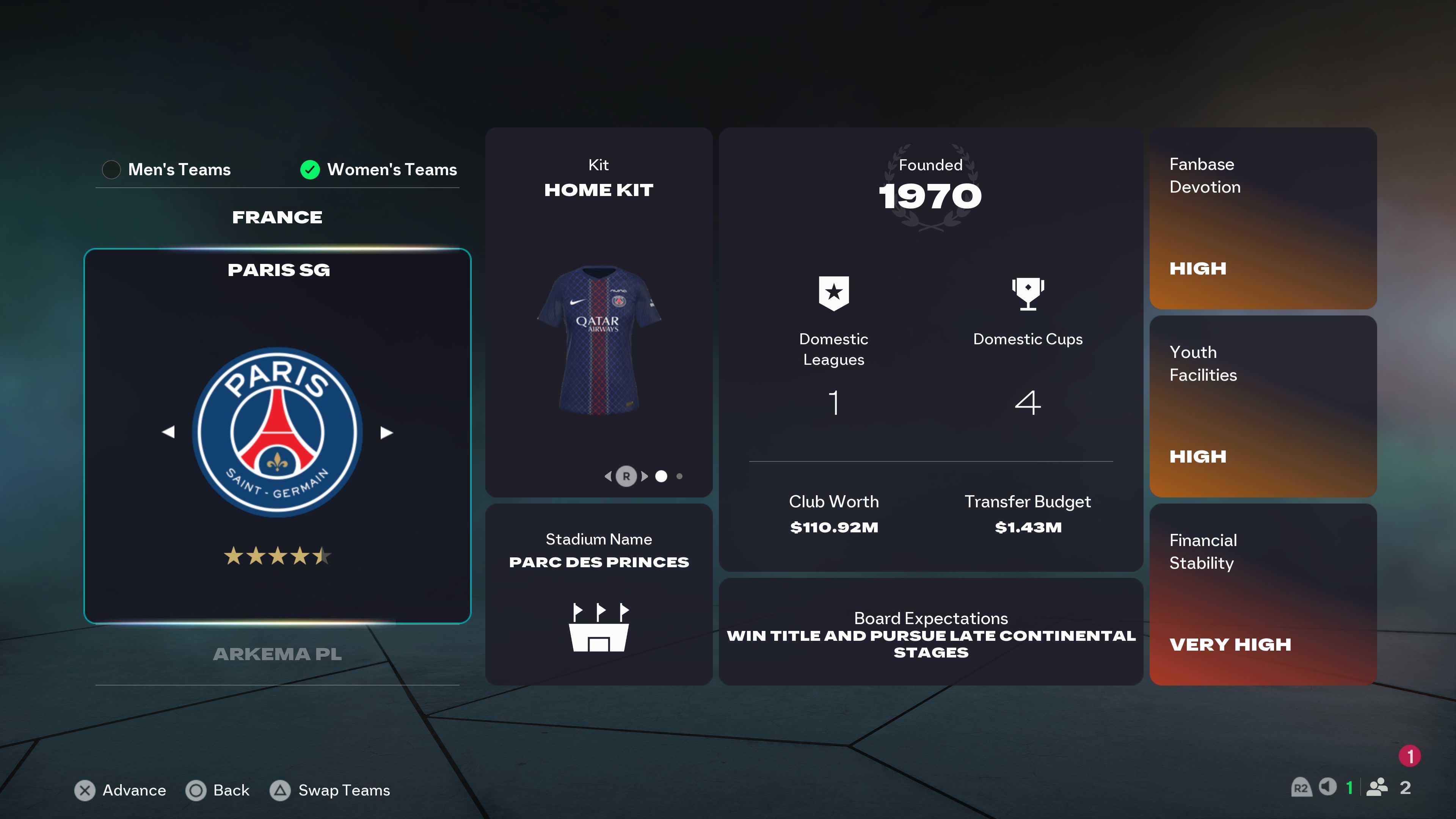 FC 26 manager mode intro screen for Paris SG