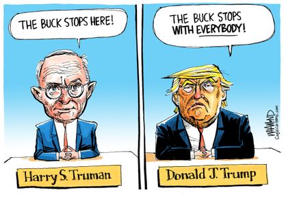 Political Cartoon U.S. Trump Harry Truman buck stops here with everybody