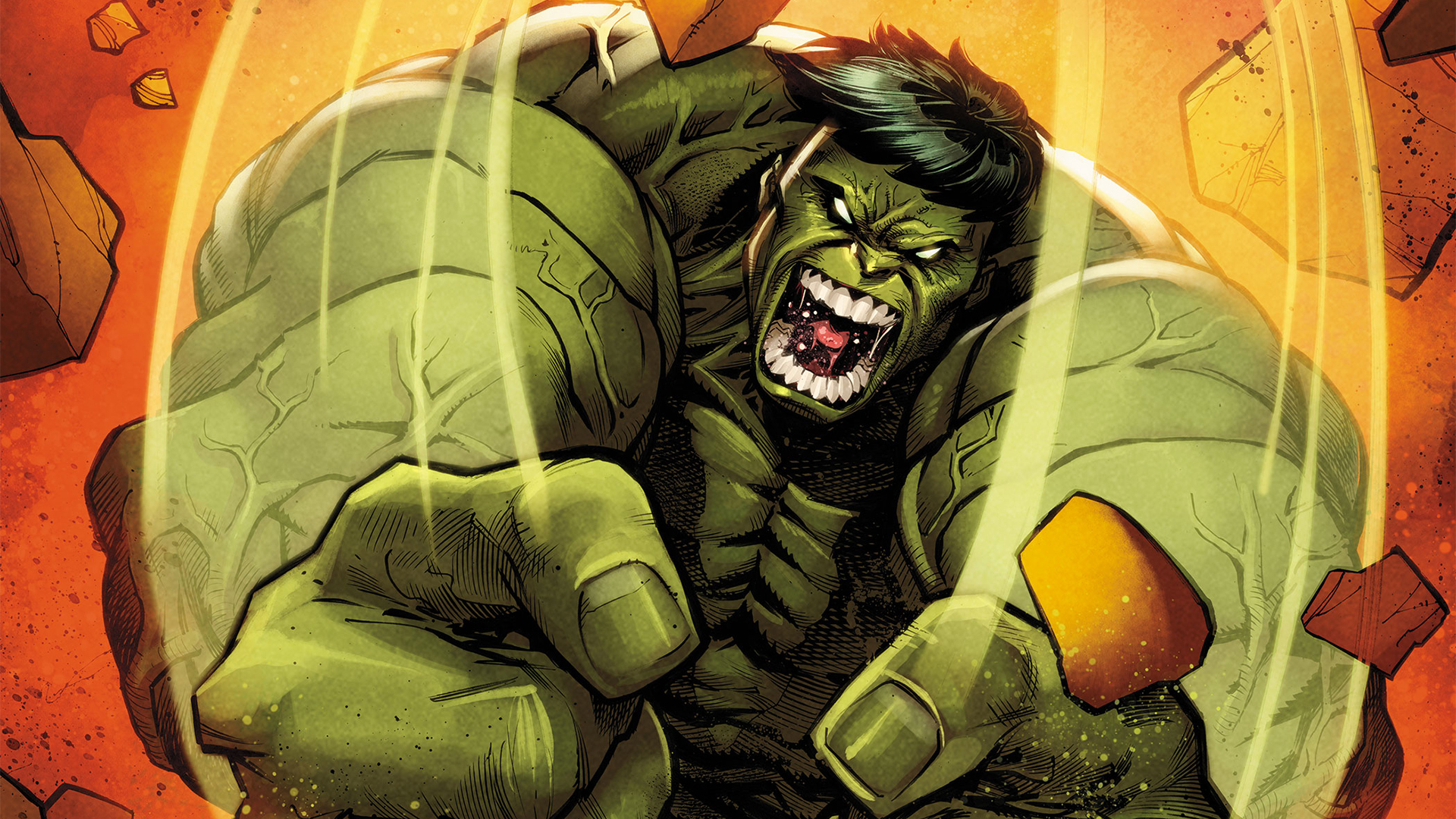 Hulk swinging his fists down to break the &#039;Hulk Smash Everything&#039; logo