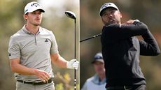 Nicolai Hojgaard walks off the tee, Sam Burns strikes a driver 