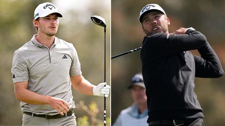 Nicolai Hojgaard walks off the tee, Sam Burns strikes a driver 