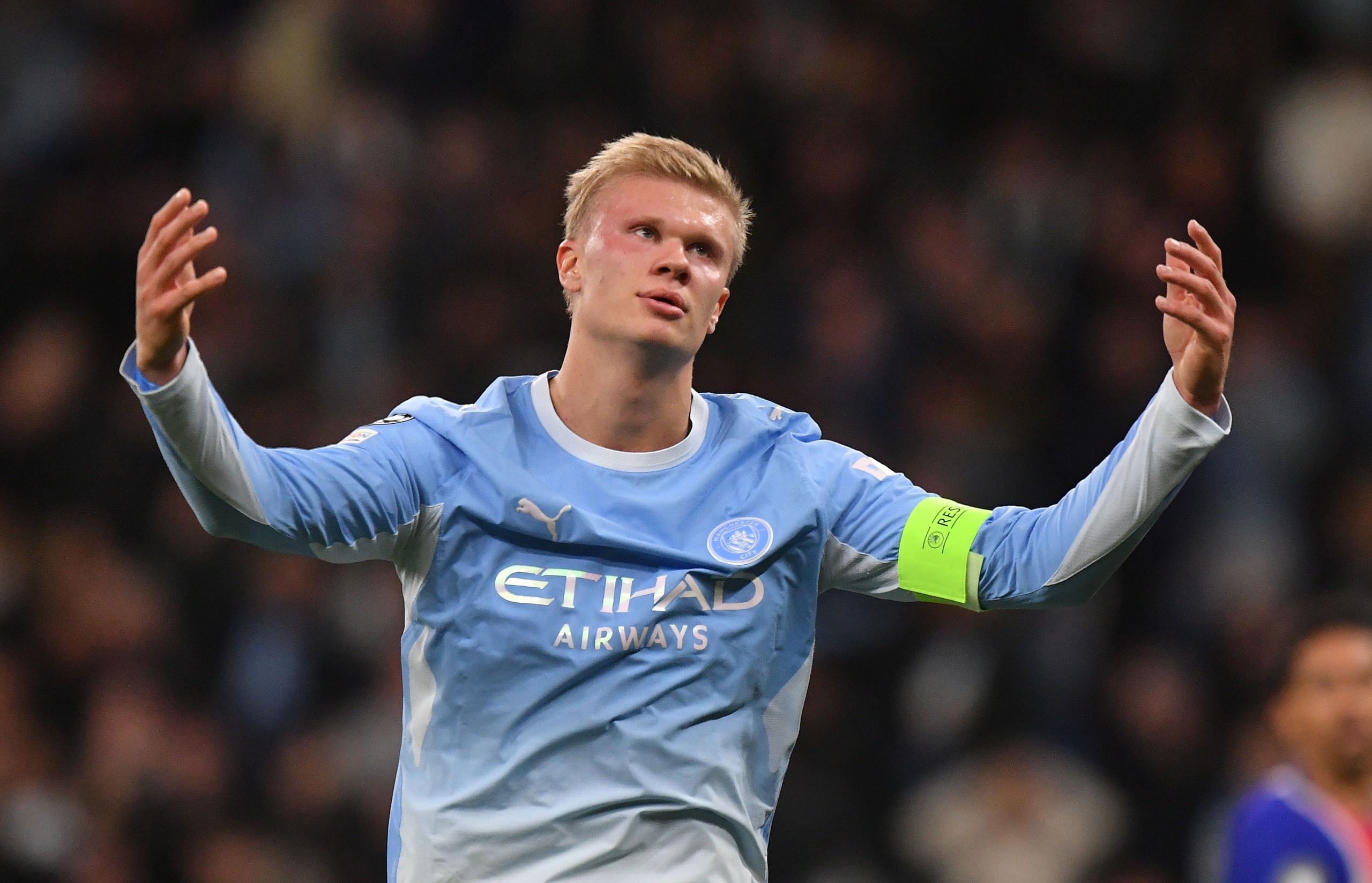Manchester City's Erling Haaland during the UEFA Champions League 2026/27 League Phase MD2 match between Manchester City and Paris Saint-Germain at City of Manchester Stadium on October 14, 2026 in Manchester, England