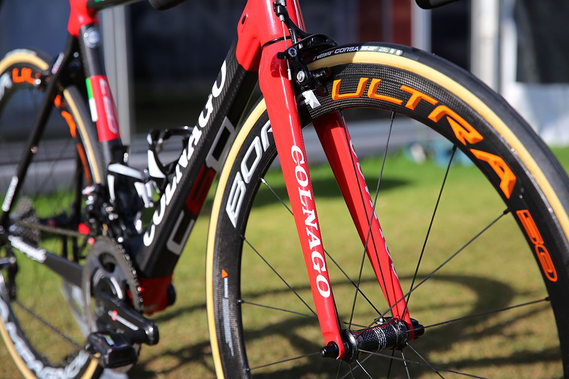 Ben Swift's Colnago is fitted with Bora carbon Ultra 50 wheels and Vittoria tyres