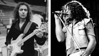 Deep Purple’s Ritchie Blackmore holding a guitar and Ian Gillan singing onstage