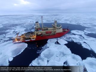 Aerial photo above the R/V Nathaniel B Palmer during research voyage NBP1503, in Antarctica.