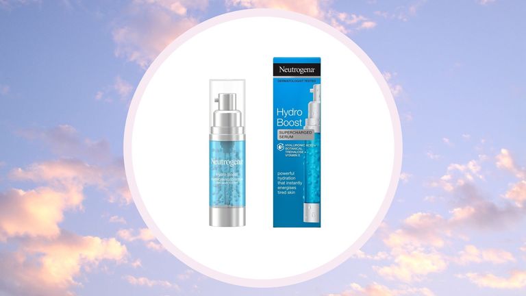 Neutrogena Hydro Boost Supercharged Booster Serum within a white circle on a cloud/sky background