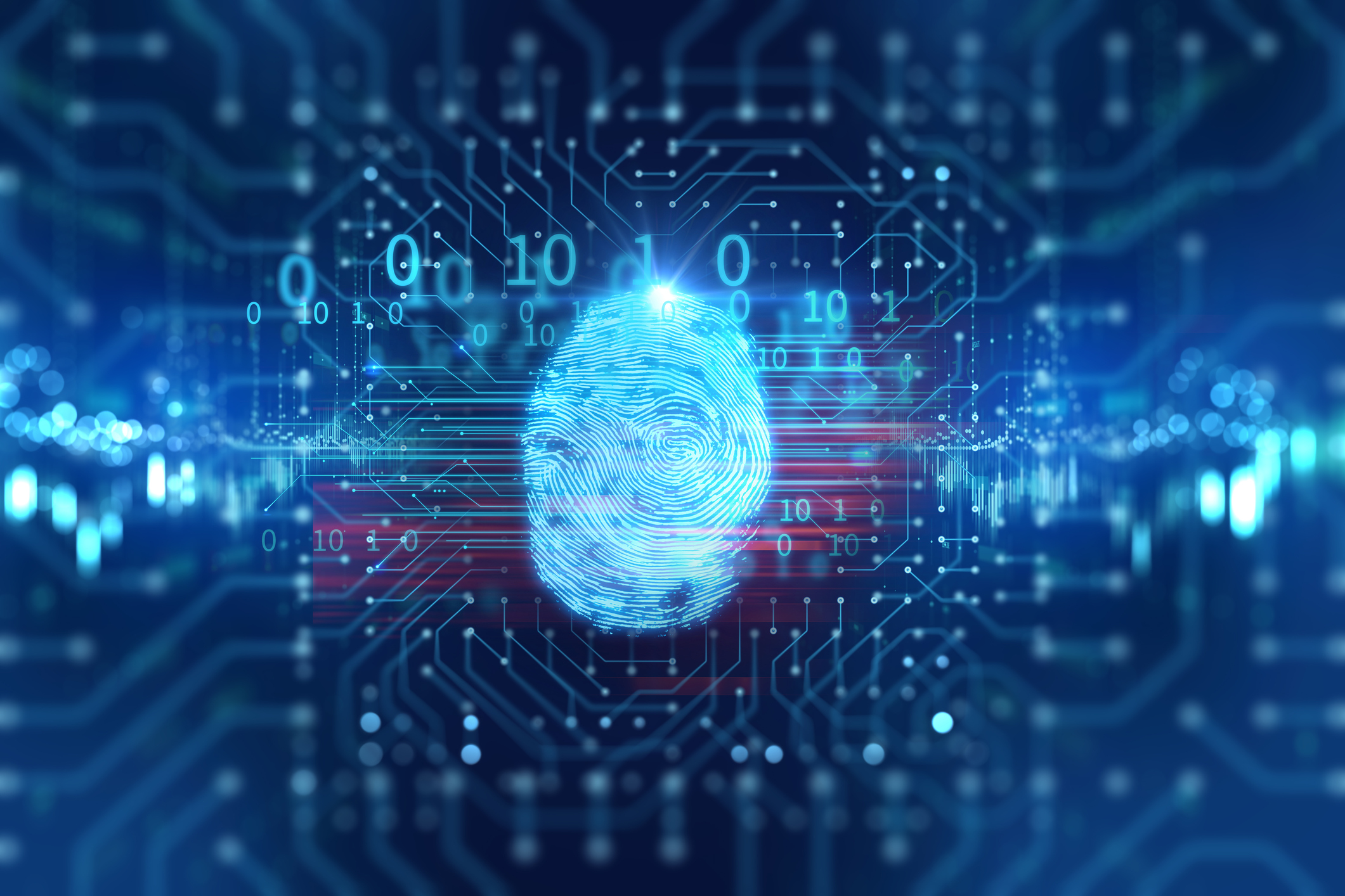 A glowing blue fingerprint overlaid with digital binary code and circuit patterns, conveying themes of cybersecurity and digital identity in a high-tech context.