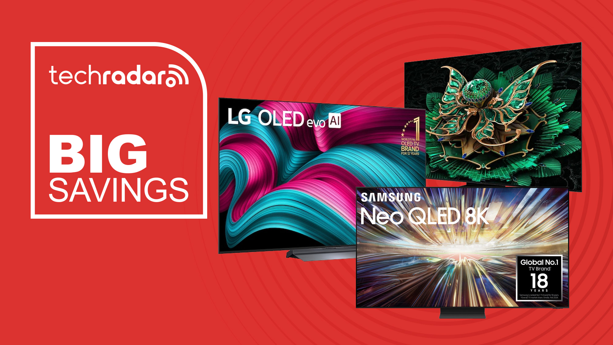 LG, TCL and Samsung TVs on a red background with &quot;Big Savings&quot; text in white