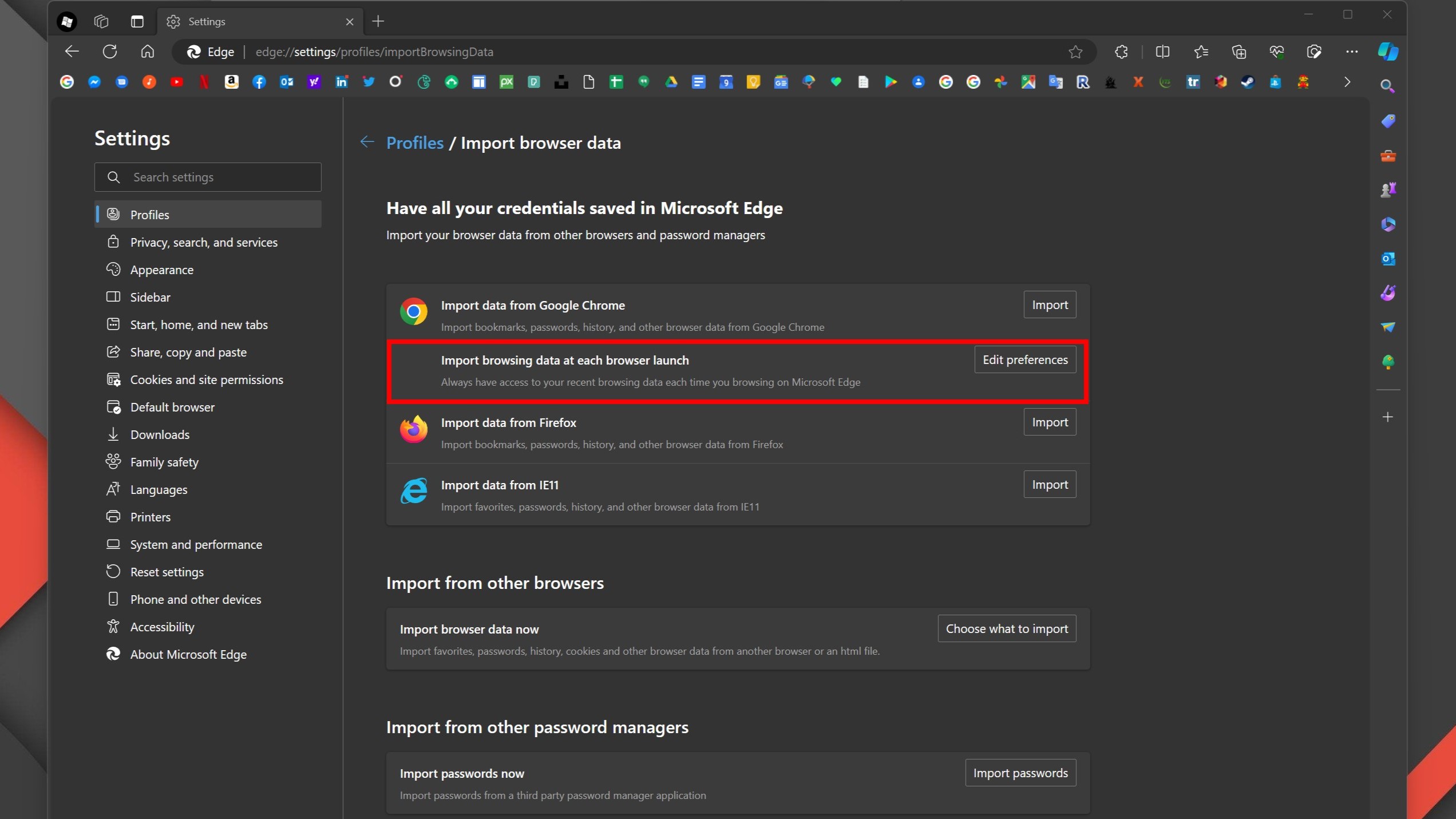 Import Browser Data menu in Edge