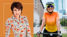 A composite image of funny columnist Kathy Lette on the left, and a stock photo of a woman cycling on the right