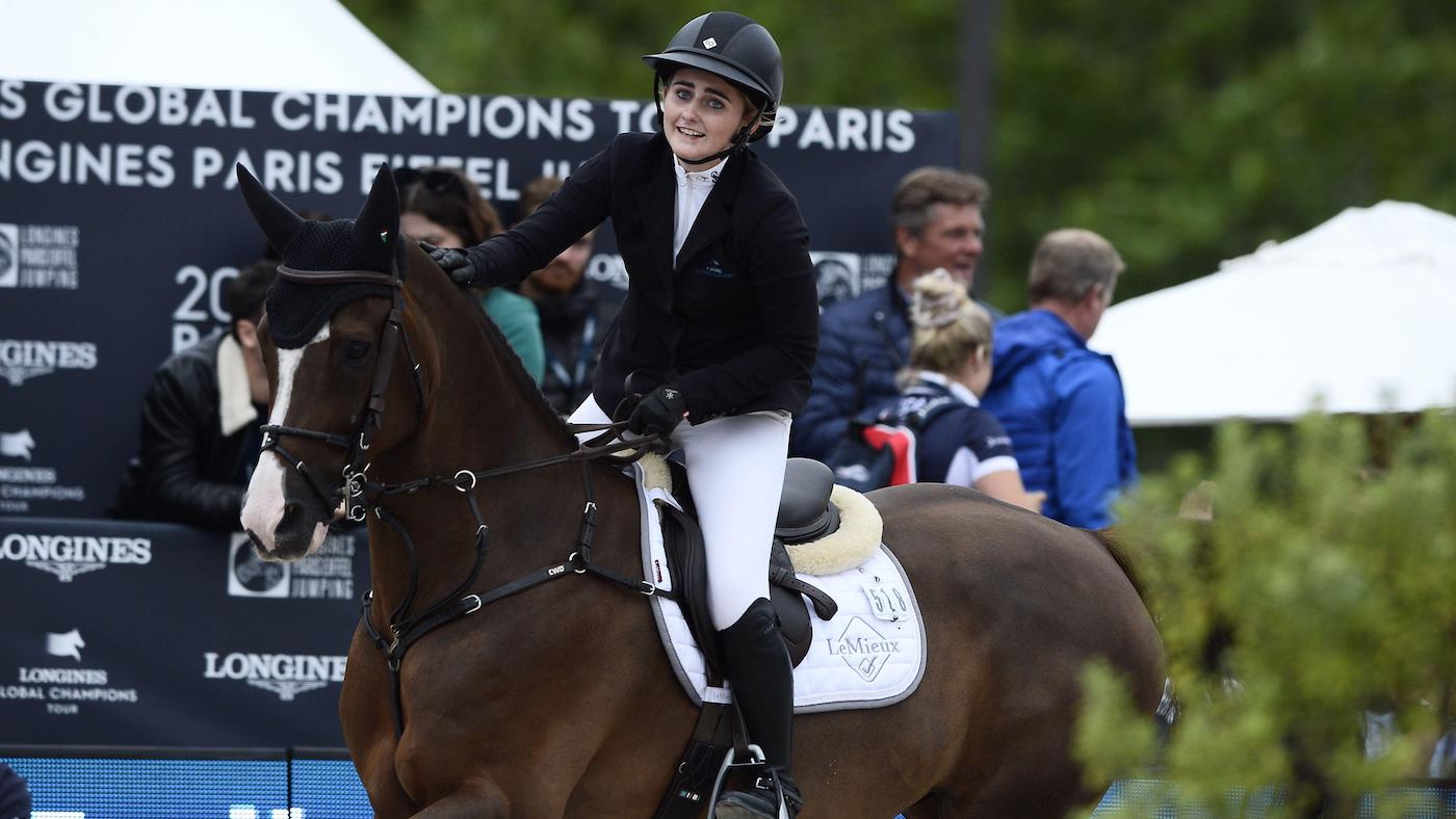 Jodie Hall Mcateer smiling after round on Kimosa Salt n Peppa at Global Champions Tour in Paris
