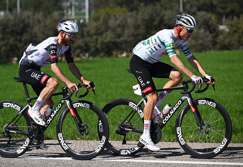 MONSERRAT SPAIN MARCH 27 LR Adam Yates of United Kingdom and Juan Ayuso of Spain and UAE Team Emirates Green Leader Jersey compete during the 104th Volta Ciclista a Catalunya 2025 Stage 4 a 1887km stage from Sant Vicenc de Castellet to Montserrat Millenari 725m UCIWT on March 27 2025 in Montserrat Spain Photo by Szymon GruchalskiGetty Images