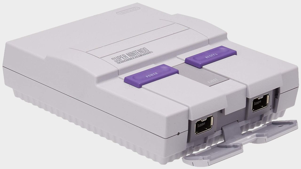 SNES mini with grey backdrop.