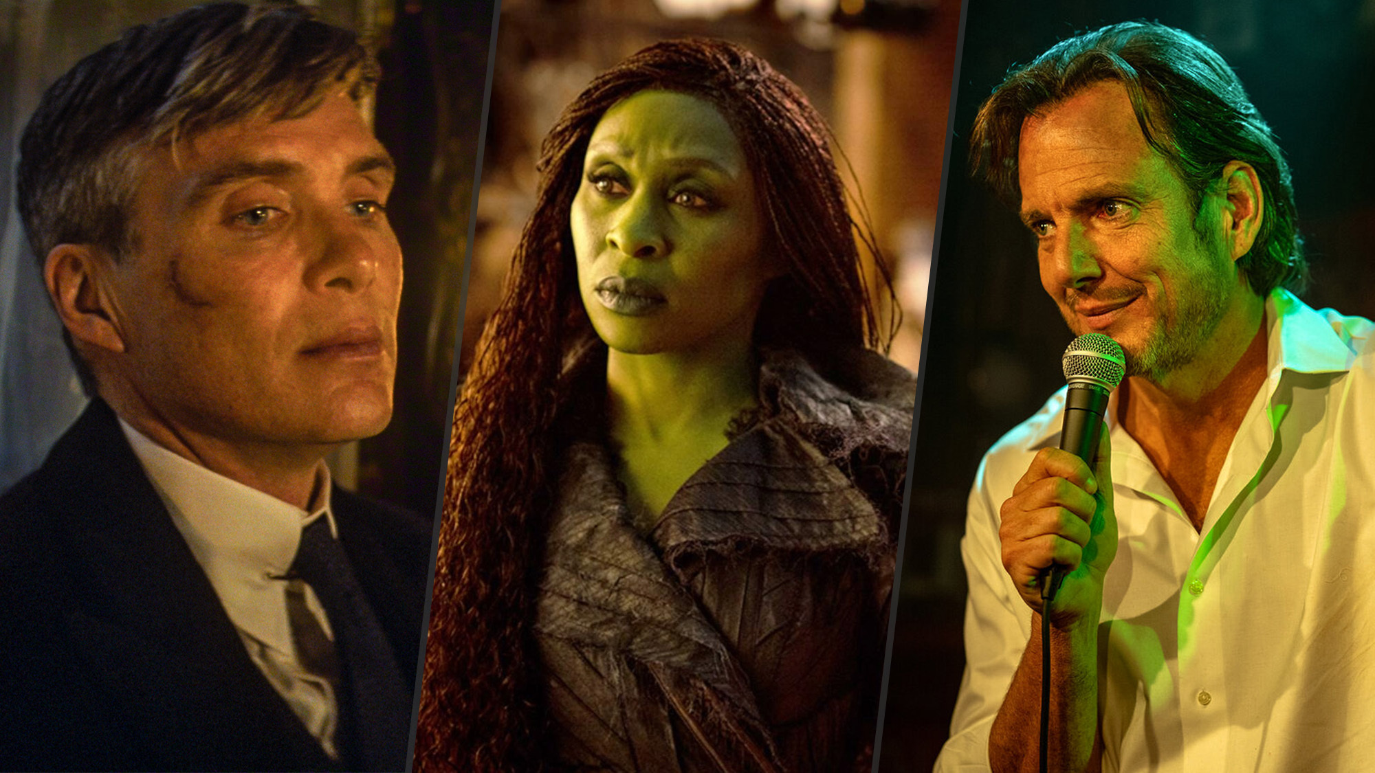 (L-R) Cillian Murphy as Thomas Shelby, Cynthia Erivo as Elphaba Thropp in "Wicked: For Good" and Will Arnett as Alex Novak in "Is This Thing On?"