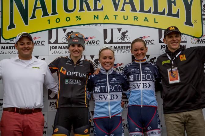 Stage two winner Shelley Olds is flanked by second-place teammate and overall race leader Claudia Haeusler and Joelle Numainville.