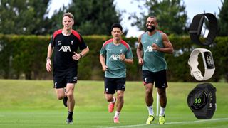 Mohamed Salah and Wataru Endo of Liverpool during a training session at AXA Training Centre on July 10, 2024 in Kirkby, England. (Photo by Andrew Powell/Liverpool FC via Getty Images)