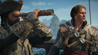 Assassin's Creed Black Flag Resynced reveal screenshot shows Edward Kenway stood next Blackbeard looking through a telescope.