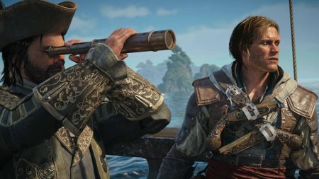 Assassin's Creed Black Flag Resynced reveal screenshot shows Edward Kenway stood next Blackbeard looking through a telescope.