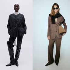 model wears black quilted jacket, black pants, and tall black boots, another model wears a brown suit and black heels and black sweater over the shoulders and a brown handbag tucked under the arm