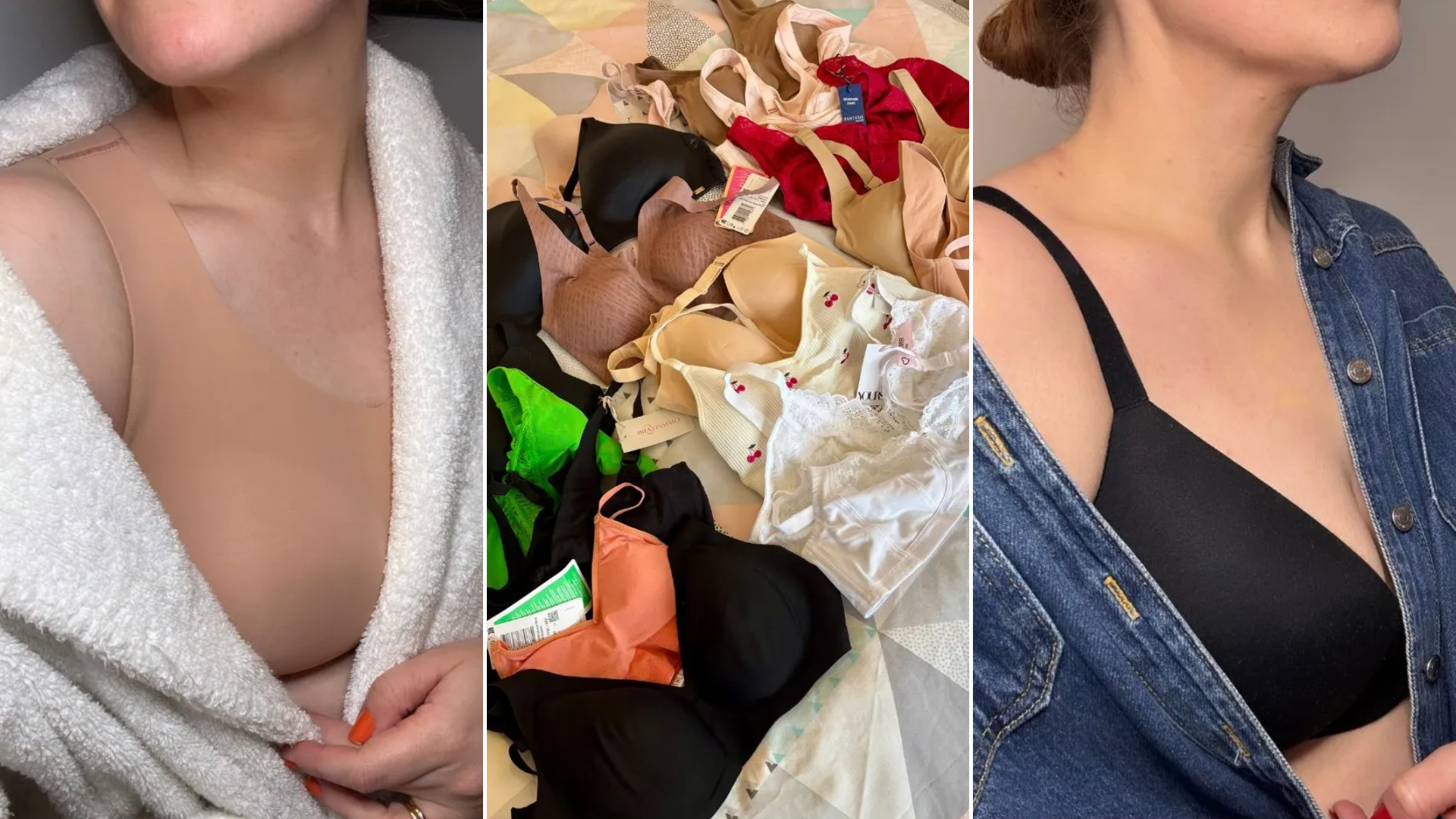 Two images of Matilda Stanley testing the most comfortable bras, and one image of the bras laid out