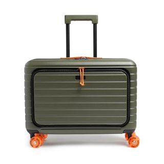 An olive and orange Roverlund Ready-to-Roll cabin carry on suitcase with its handle up